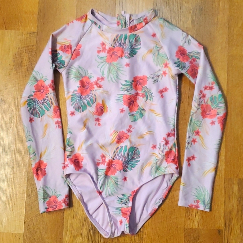 Art Class Long Sleeve Girls 7-8 Tropical Hawaiian Floral One‎ Piece Swimsuit